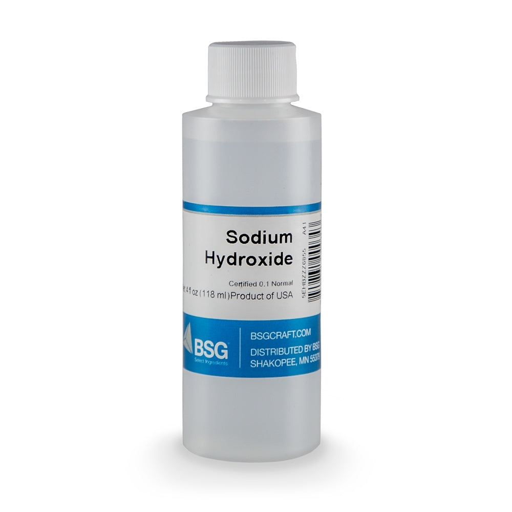 Bottle of sodium hydroxide with a blue label on a white background