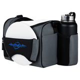 Gray bag with a black water bottle and white discs on a white background