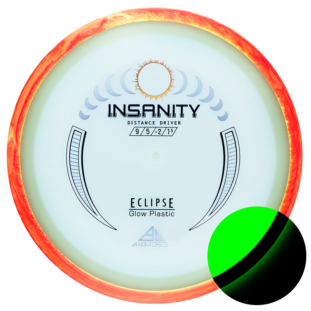 Disc golf disc with 'Insanity' and 'Eclipse' text on a white background