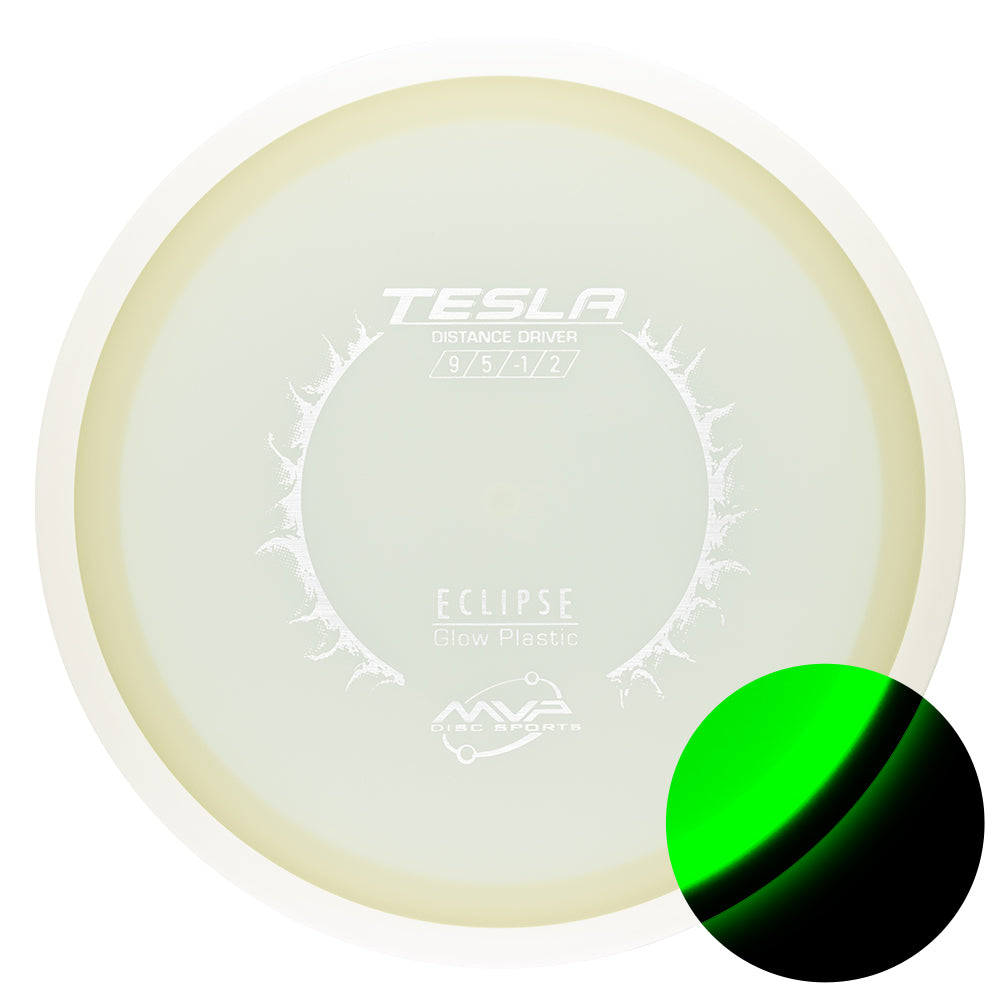 Tesla disc golf disc with a green and black target practice disc on a white background