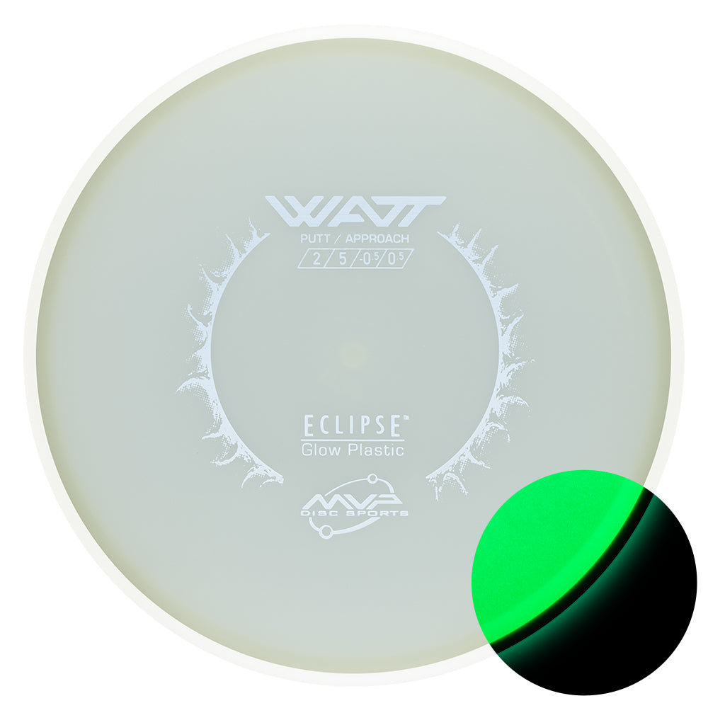 Glowing "Watt" Disc golf disc with MVP Disc Sports branding on a white background