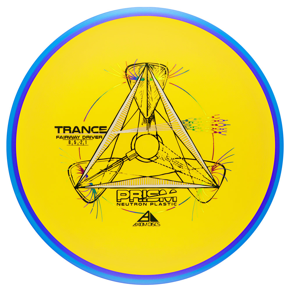 Yellow disc golf disc with blue rim and geometric design on a white background