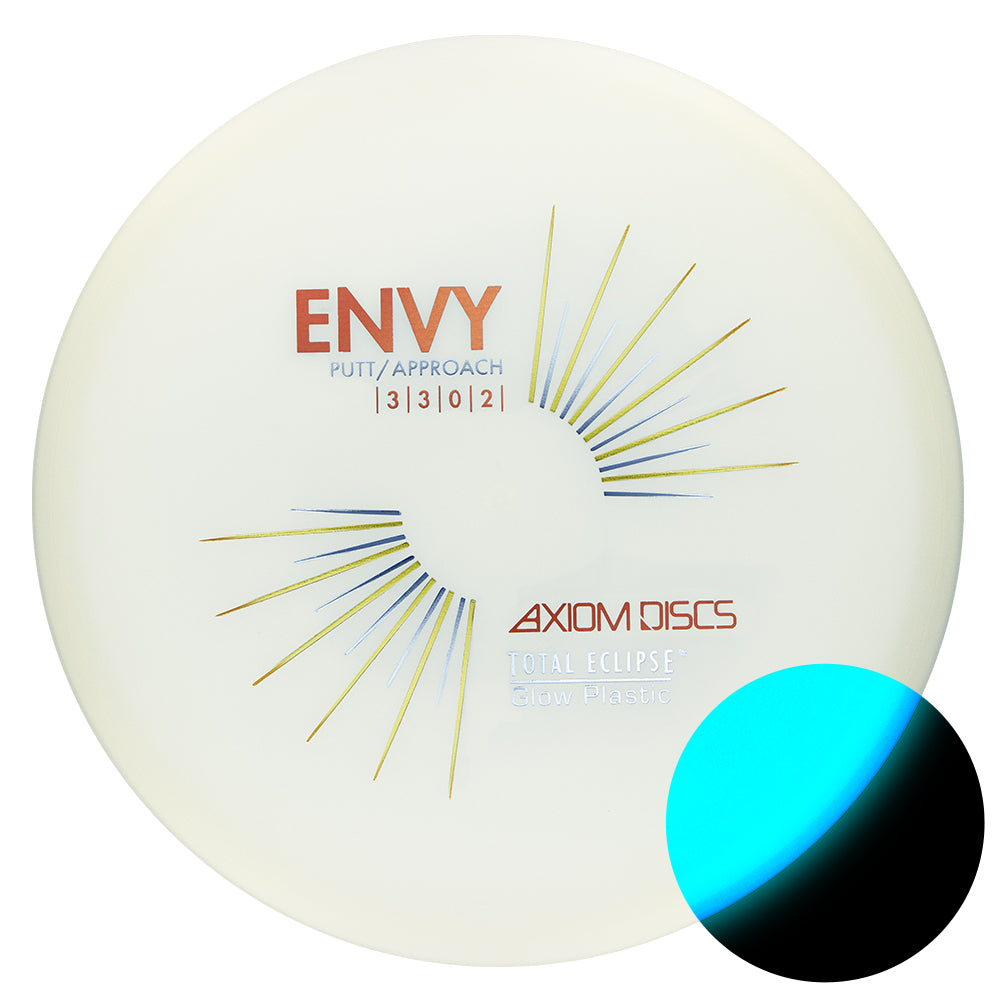White disc golf putter with 'Envy' and 'Axiom Discs' branding on a white background