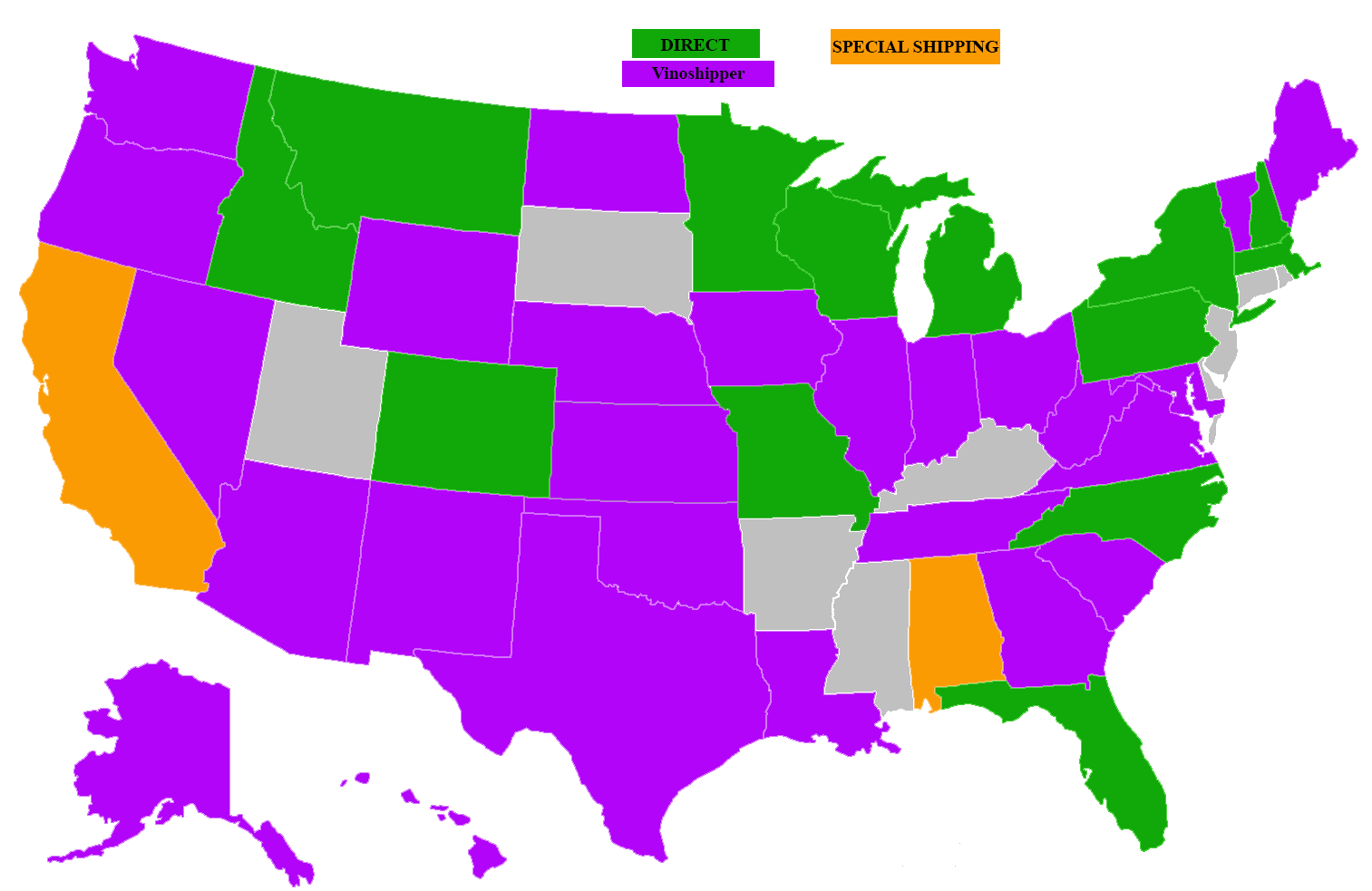 Map of the United States with different states colored in purple, green, and orange.