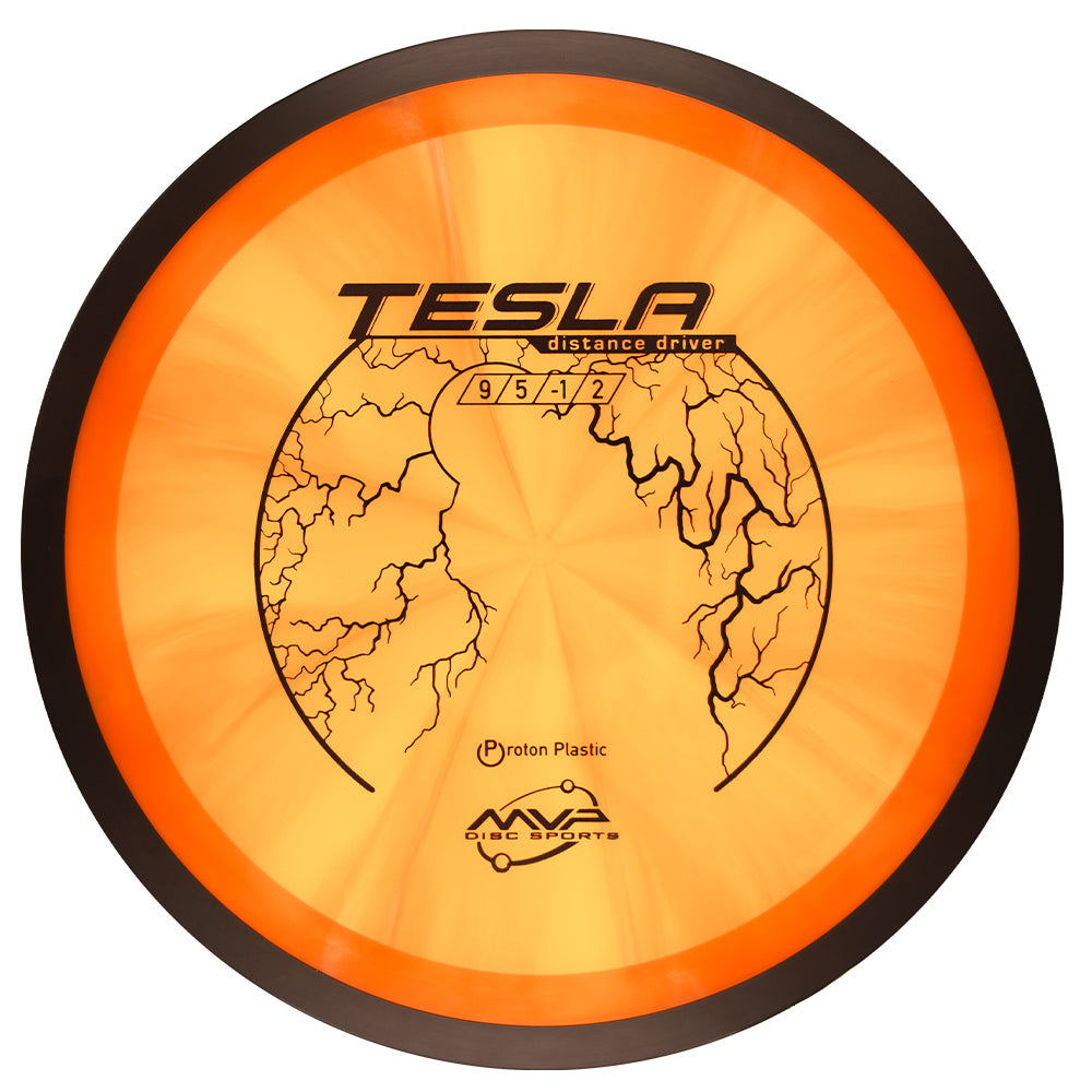 Orange disc with Tesla branding on a white background