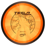 Orange disc with Tesla branding on a white background