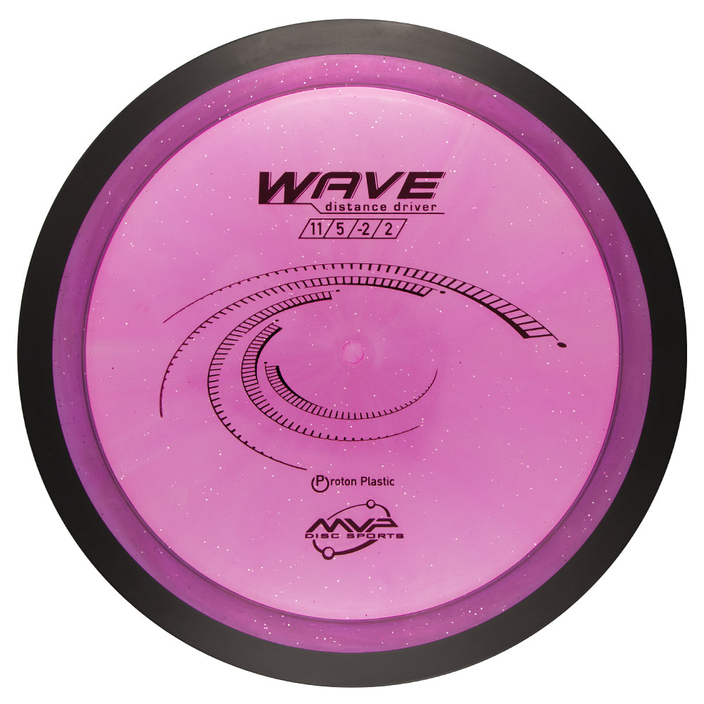 Pink "Wave" disc golf driver with black rim on a white background