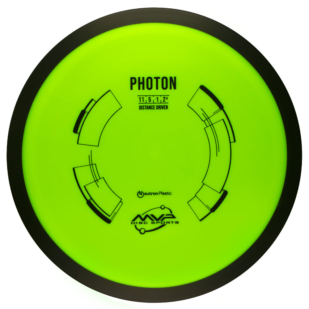 Green "photon" disc golf disc with black text and branding on a white background