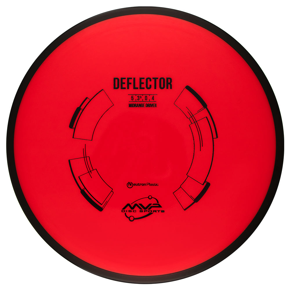 Red disc with black text and branding on a white background