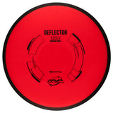 Red disc with black text and branding on a white background
