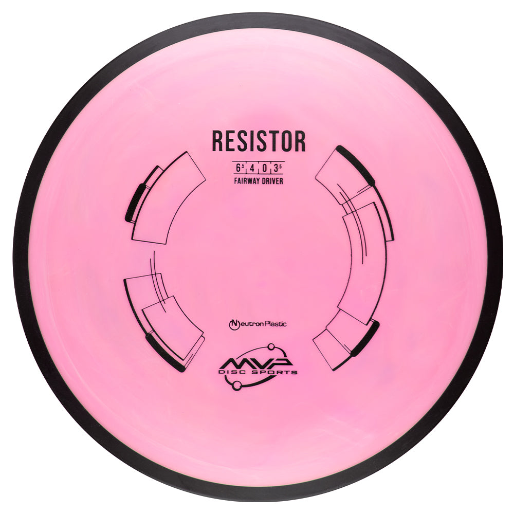 Pink disc golf disc with 'Resistor' and MVP Disc Sports branding on a white background