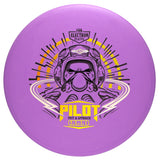 Purple disc golf putter with 'Pilot' and 'Electron Plastic' branding on a white background