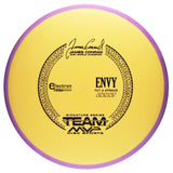 Yellow disc golf putter with purple rim on a white background
