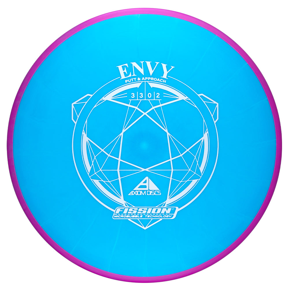 Blue disc golf disc with pink rim on a white background