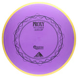Purple disc golf putter with yellow rim on a white background