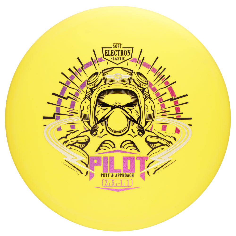 Yellow disc golf putter with astronaut design and text on a white background
