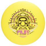 Yellow disc golf putter with astronaut design and text on a white background