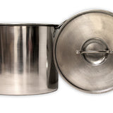 Stainless steel pot with lid on a white background