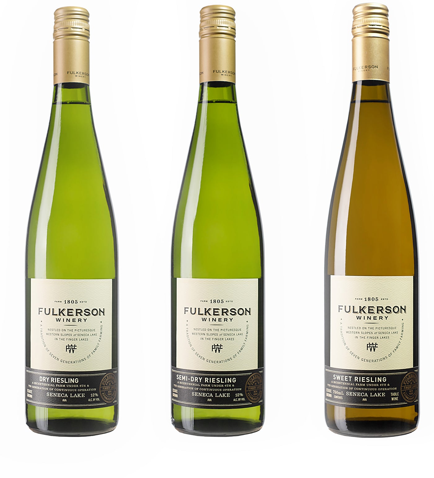 Three bottles of Fulkerson Winery Rieslings on a white background