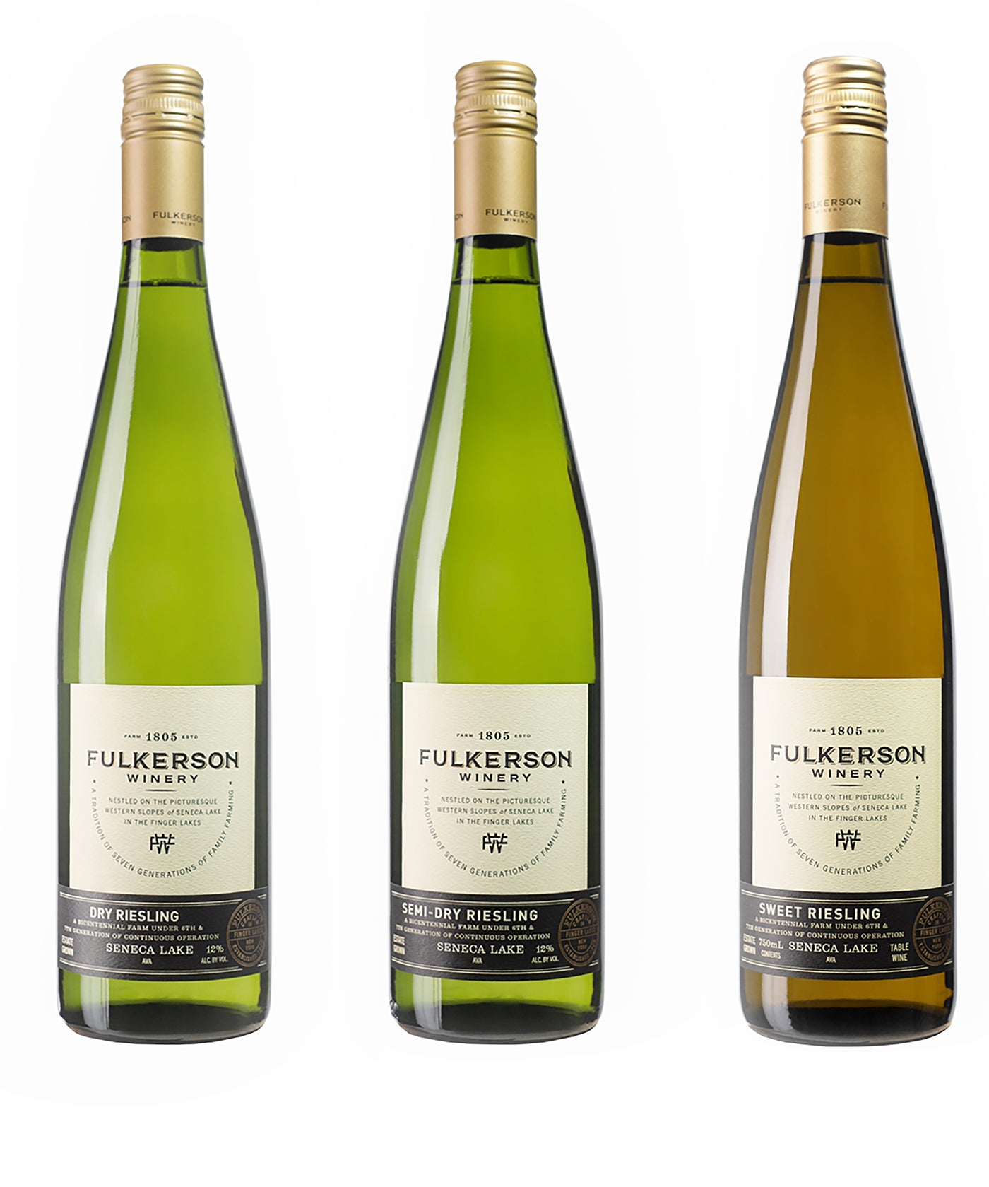 Three bottles of Fulkerson Winery Rieslings on a white background