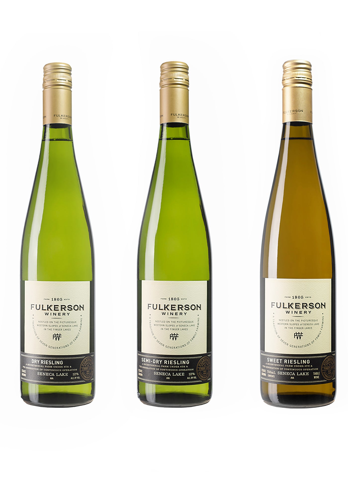 Three bottles of Fulkerson Winery Rieslings on a white background