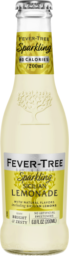 Fever-Tree Sicilian Lemonade bottle with yellow and white label on a white background