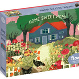 Jigsaw puzzle box with a colorful illustration of a house, garden, and chickens on a white background.