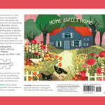 Puzzle box with illustration of a house and garden, featuring text 'Home Sweet Home'.