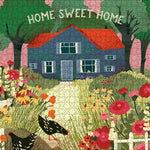 Jigsaw puzzle with a house, garden, and 'Home Sweet Home' text.