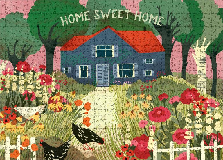 Jigsaw puzzle with a house, garden, and 'Home Sweet Home' text.