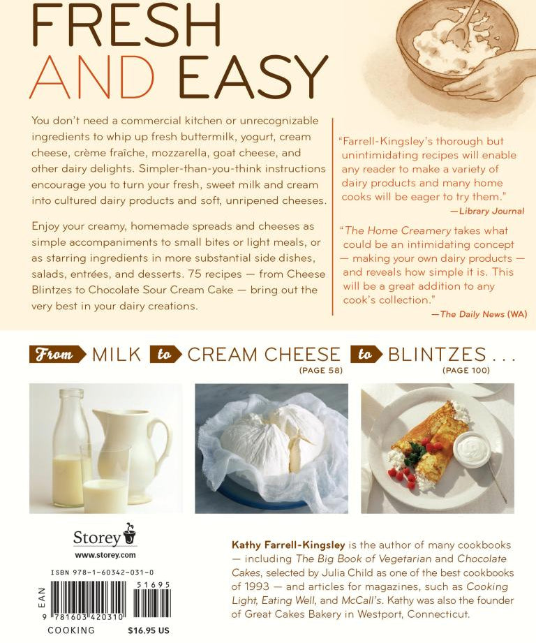 Bookback of a cookbook titled 'Fresh and Easy' by Kathy Farrell-Kingsley, featuring text and images of food.