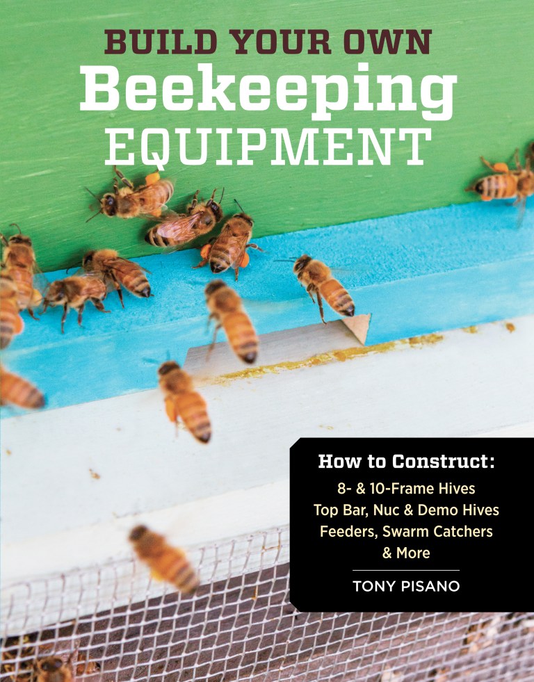 Book cover of 'Build Your Own Beekeeping Equipment' with bees on a hive frame.