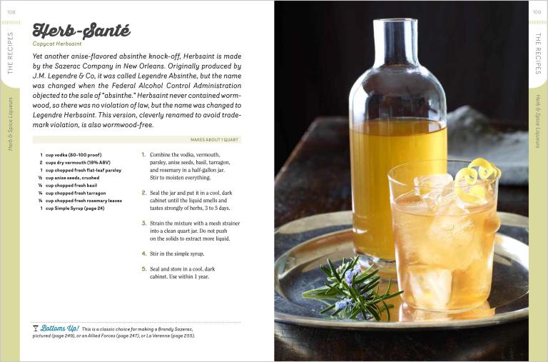 Herb-sante bottle and cocktail on a plate with text on the left