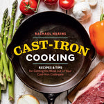 Cookbook cover of 'Cast-Iron Cooking' with a cast-iron skillet, vegetables, and meat on a white background.