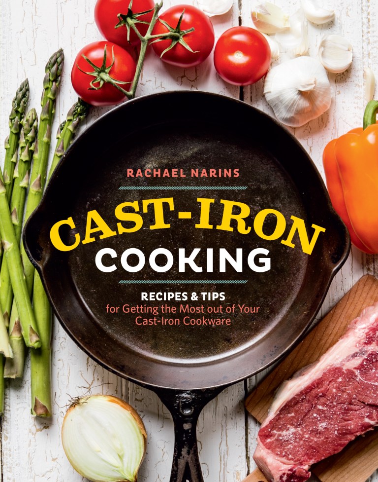 Cookbook cover of 'Cast-Iron Cooking' with a cast-iron skillet, vegetables, and meat on a white background.