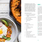 Chilaquiles dish with ranchero sauce on a plate, accompanied by a recipe on the right.