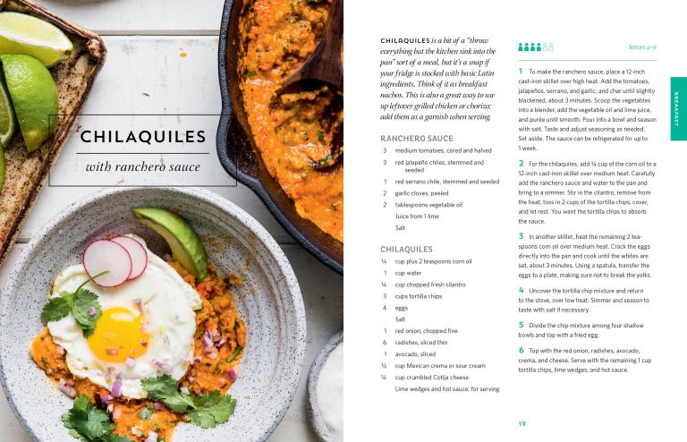 Chilaquiles dish with ranchero sauce on a plate, accompanied by a recipe on the right.