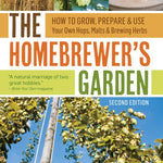 Book cover of 'The Homebrewer's Garden' with images of hops, brewing equipment, and plants.