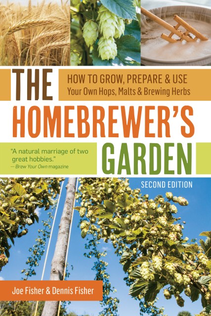 Book cover of 'The Homebrewer's Garden' with images of hops, brewing equipment, and plants.