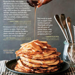 Stack of pancakes with syrup being poured over them on a plate, with text and a storey logo in the background.