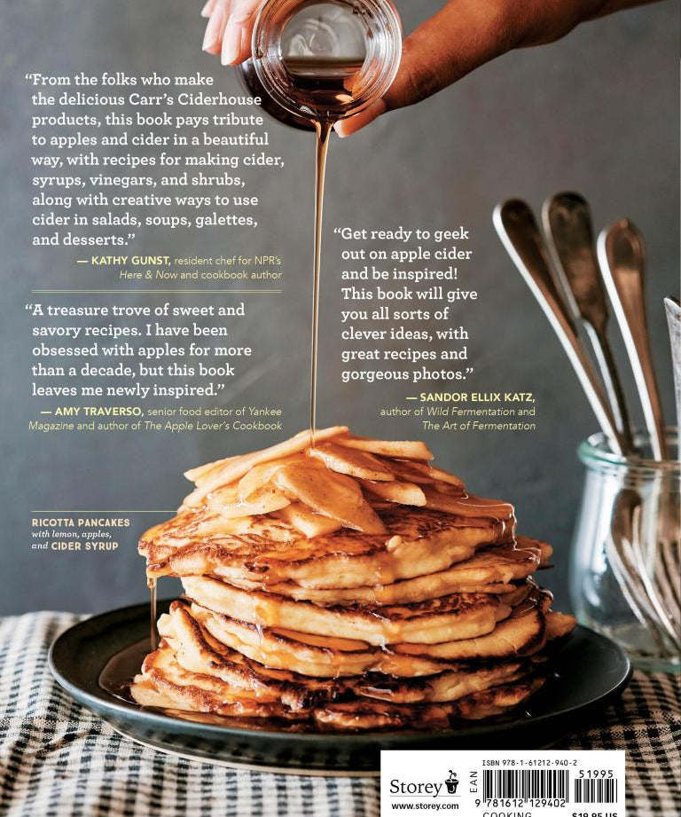Stack of pancakes with syrup being poured over them on a plate, with text and a storey logo in the background.