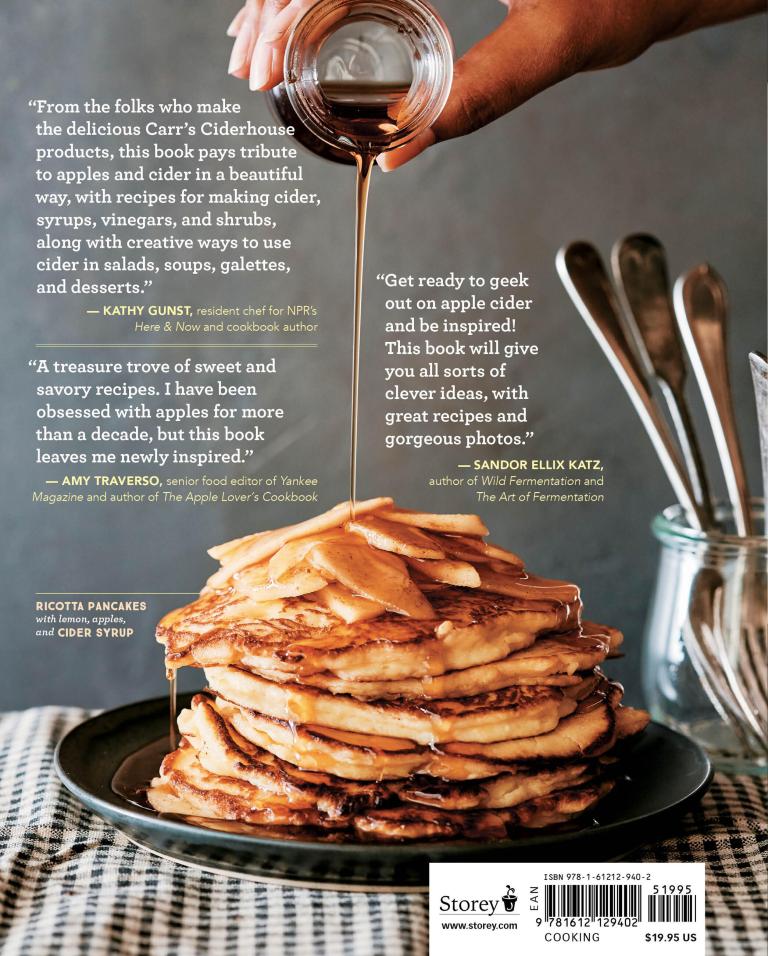 Stack of pancakes with syrup being poured over them on a plate, with text and a storey logo in the background.