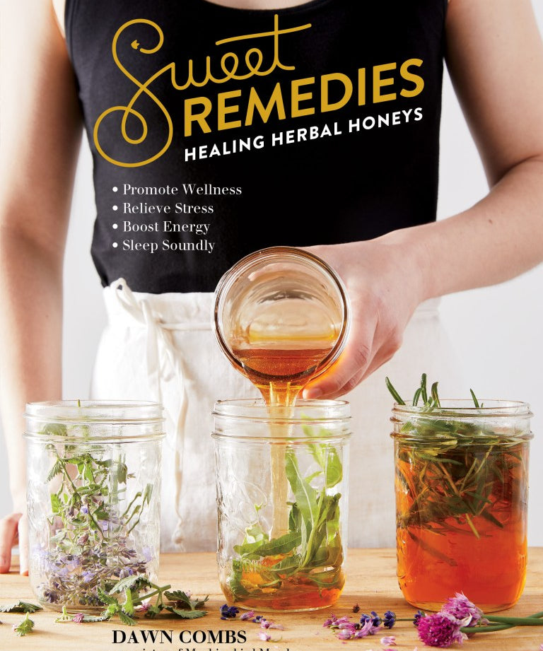 Person pouring honey into jars of herbal mixtures On a white background. Cover of  'Sweet Remedies' book. 
