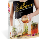 Book titled 'Sweet Remedies: Healing Herbal Honeys' with a person pouring honey into jars on the cover.
