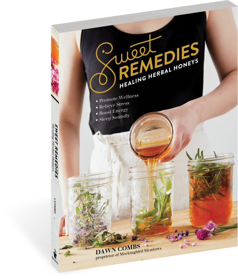 Book titled 'Sweet Remedies: Healing Herbal Honeys' with a person pouring honey into jars on the cover.