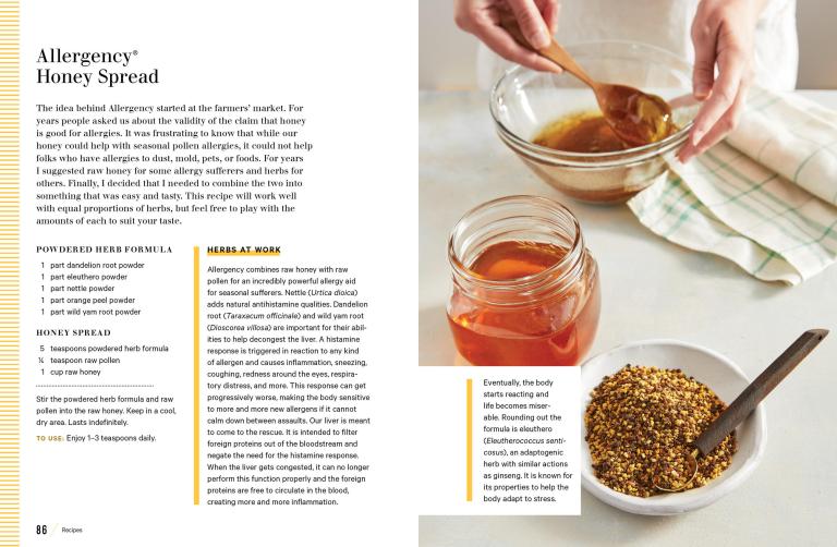 Page from a book or magazine showing honey spread with ingredients and preparation.