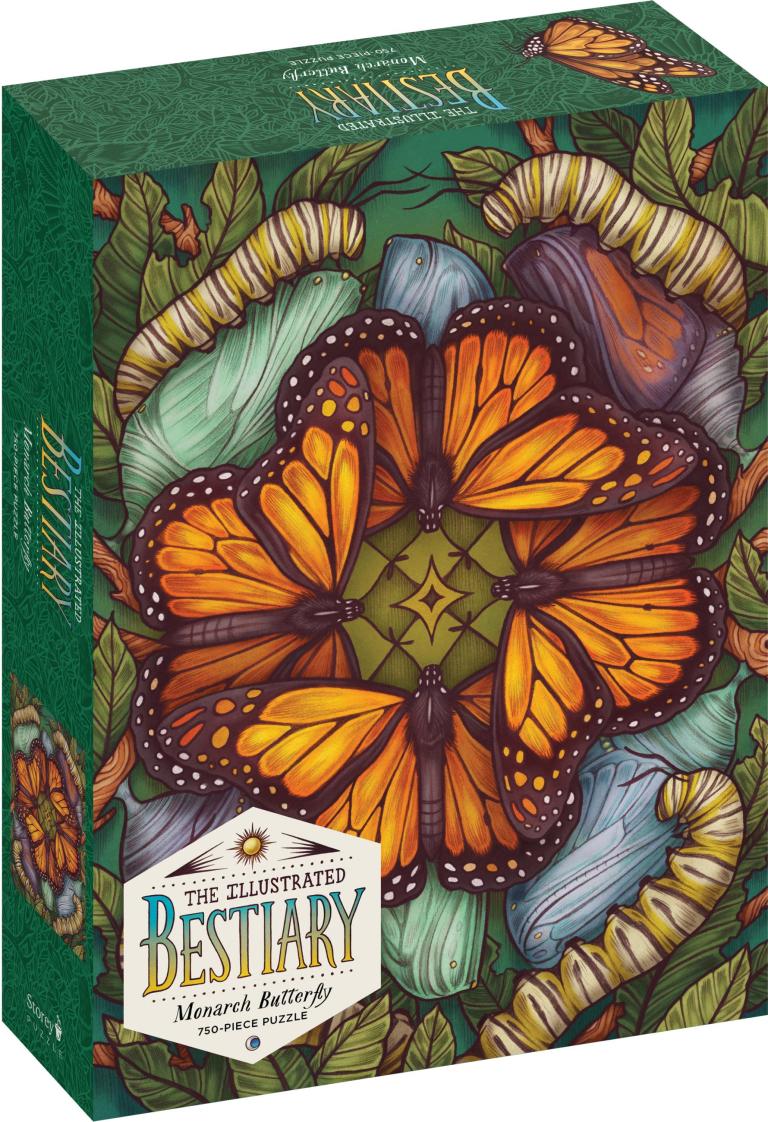 Illustrated Bestiary book cover with butterflies and caterpillars