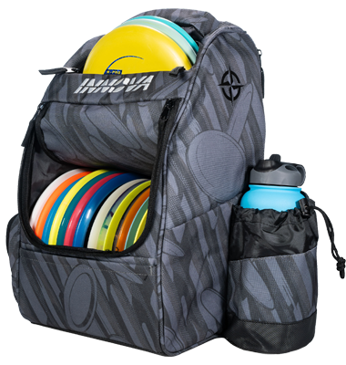Gray backpack with colorful discs and a water bottle on a white background