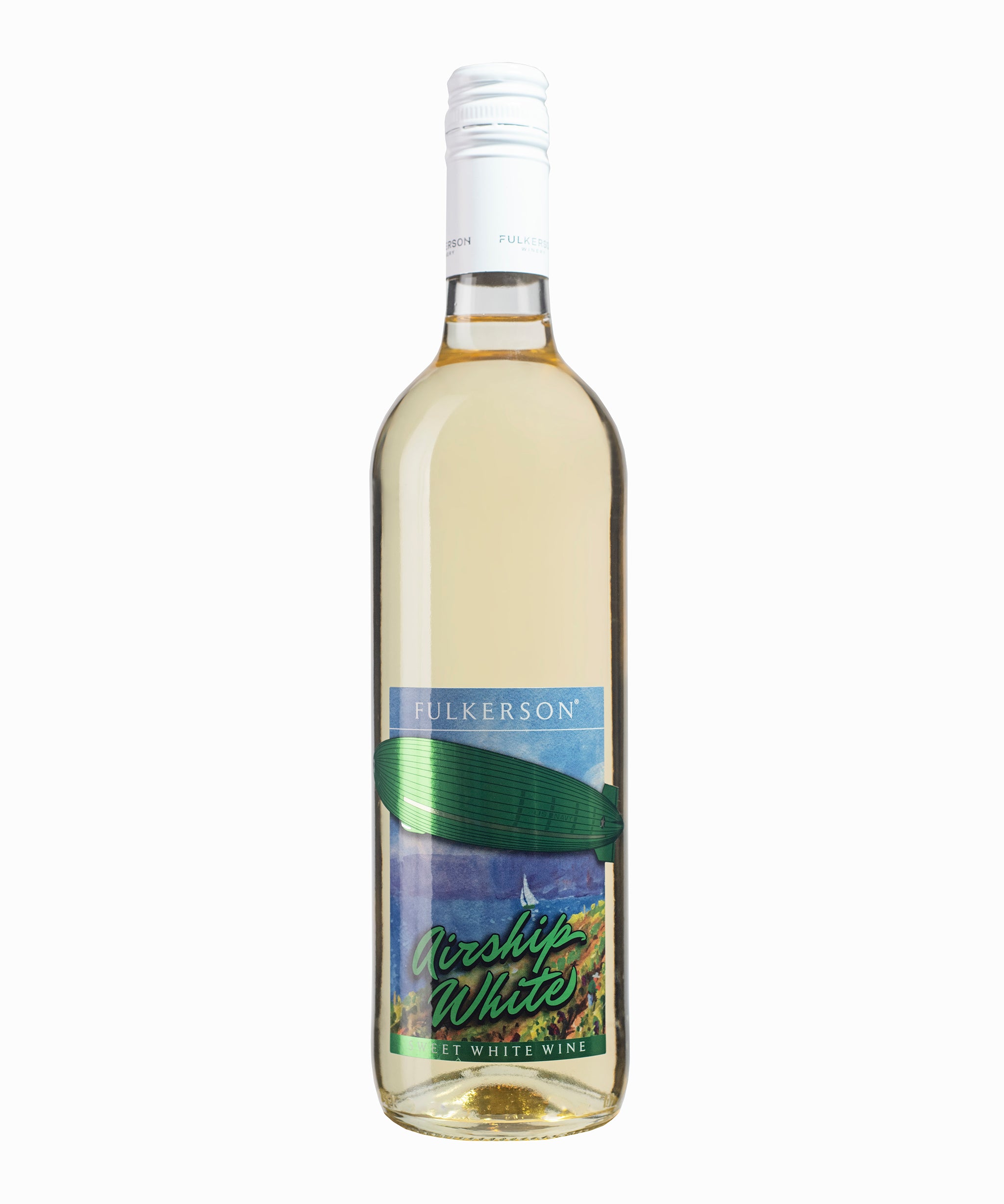 Bottle of Fulkerson airshipWhite Wine on a white background