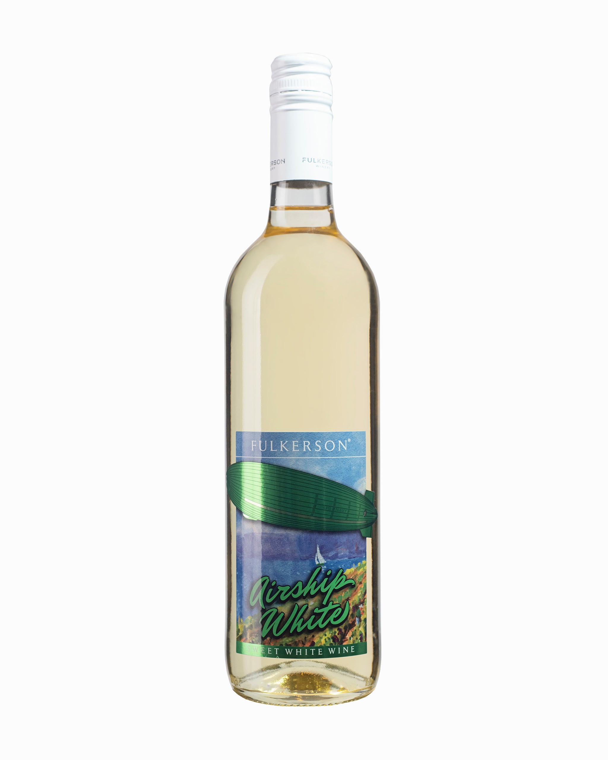 Bottle of Fulkerson airshipWhite Wine on a white background